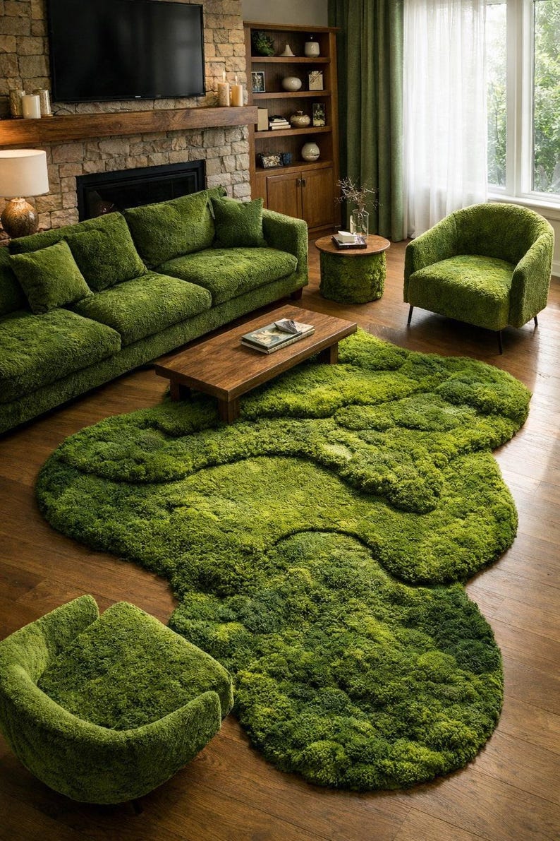 May include: A living room set featuring a green, textured sofa, armchair, and ottoman. A large, organic-shaped green rug covers the floor. A wooden coffee table and side table complete the cozy, nature-inspired space. The room has a fireplace and a large window.