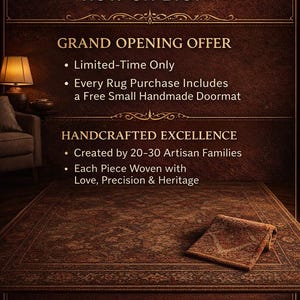 May include: Promotional image for Knotrarugs on Etsy, featuring a brown rug with a matching doormat. Text highlights a grand opening offer, including a free handmade doormat with every rug purchase. The image also states that each rug is handcrafted by 20-30 artisan families.