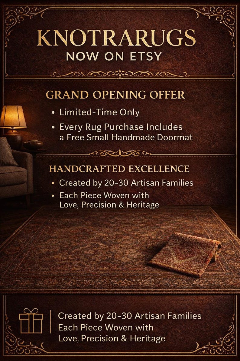 May include: Promotional image for Knotrarugs on Etsy, featuring a brown rug with a matching doormat. Text highlights a grand opening offer, including a free handmade doormat with every rug purchase. The image also states that each rug is handcrafted by 20-30 artisan families.