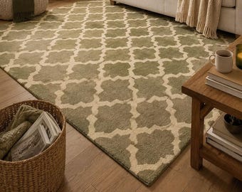 Salbeigrüner Teppich Handgefertigter Teppich Wohnzimmer Teppich Moderner Bauernteppich