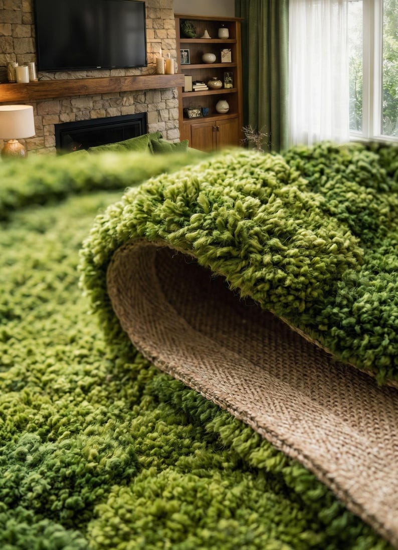 May include: Close-up of a rolled-up, shaggy green rug with a textured, plush surface. The underside reveals a tan, woven backing. The rug is in a living room setting, with a fireplace and furniture visible in the background.