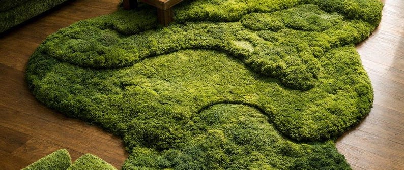 May include: A green, moss-like area rug with an organic, irregular shape. The rug has varying shades of green, creating a textured, three-dimensional appearance. It sits on a wooden floor, adding a natural element to the room.