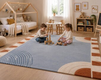 Kinder Spielzimmer Teppich, Handgetufteter Wollteppich, Moderner Teppich für Kinderzimmer, Weiches Kinder Schlafzimmer Dekor, Neutraler Teppich