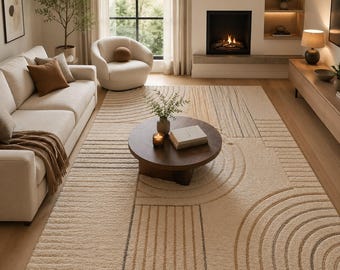 Moderner Geometrischer Teppich, Neutraler Cremefarbener Tufted Teppich, Minimalistischer Wohnzimmer Dekor Teppich