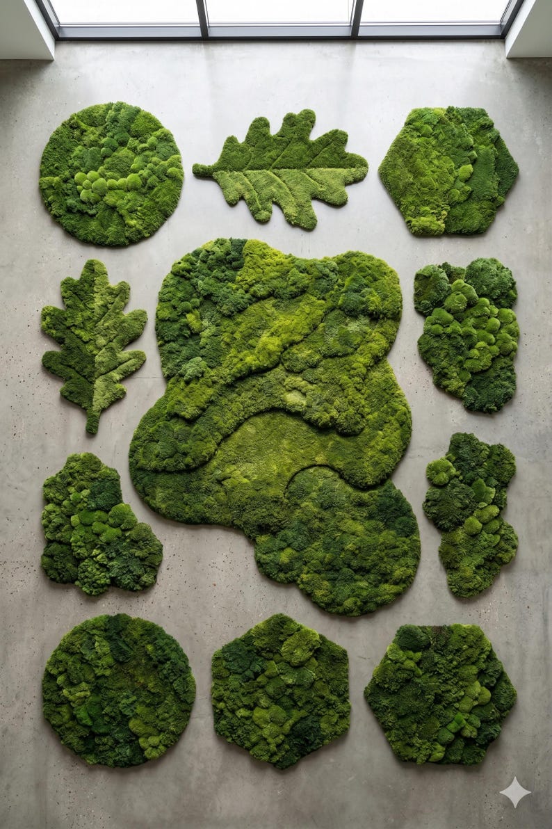 May include: An assortment of green moss art pieces in various shapes, including circles, leaves, and geometric forms. The pieces are arranged on a gray wall, creating a natural, textured display. The moss appears lush and vibrant.