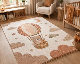 Neutraler Kinderteppich mit Teddybär Heißluftballon | Weicher Kinderzimmer Teppich | Skandinavische Babyzimmer Dekoration | Plüsch-Spielzimmerteppich |
