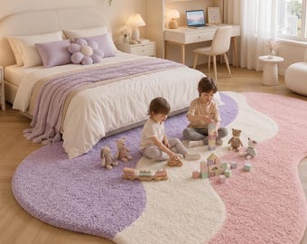 Pastellwelle getuftet Teppich für Mädchen Schlafzimmer, unregelmäßiger weicher Plüsch-Teppich