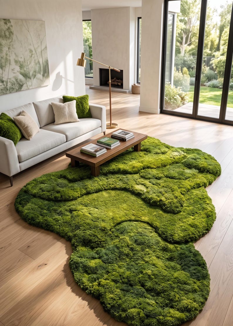 May include: A vibrant green, moss-like rug dominates the foreground of a modern living room. The rug's irregular shape and texture create a natural, organic feel. A light-colored sofa with matching pillows sits against a white wall. A wooden coffee table and a gold lamp complete the scene.