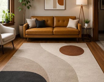 Moderner Abstrakter Wollteppich, Neutraler Geometrischer Tufted Teppich, Skandinavischer Wohnzimmerakzent