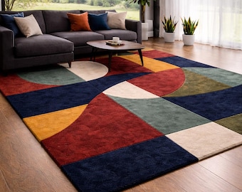 Hand Tufted Wool Rug – Modern Geometric Color Block Design