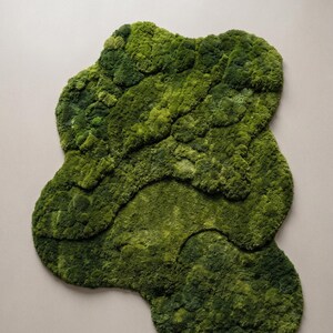 May include: A vibrant green moss rug with an organic, layered design. The rug's irregular shape and varying textures create a natural, textured appearance. The moss is a rich, verdant green, adding a touch of nature to any space.