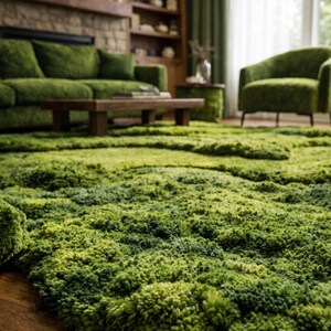 May include: A living room with a green theme. A large, textured green rug covers the floor. A green sofa, armchair, and coffee table are visible. The room has a natural, organic aesthetic with a focus on green hues.