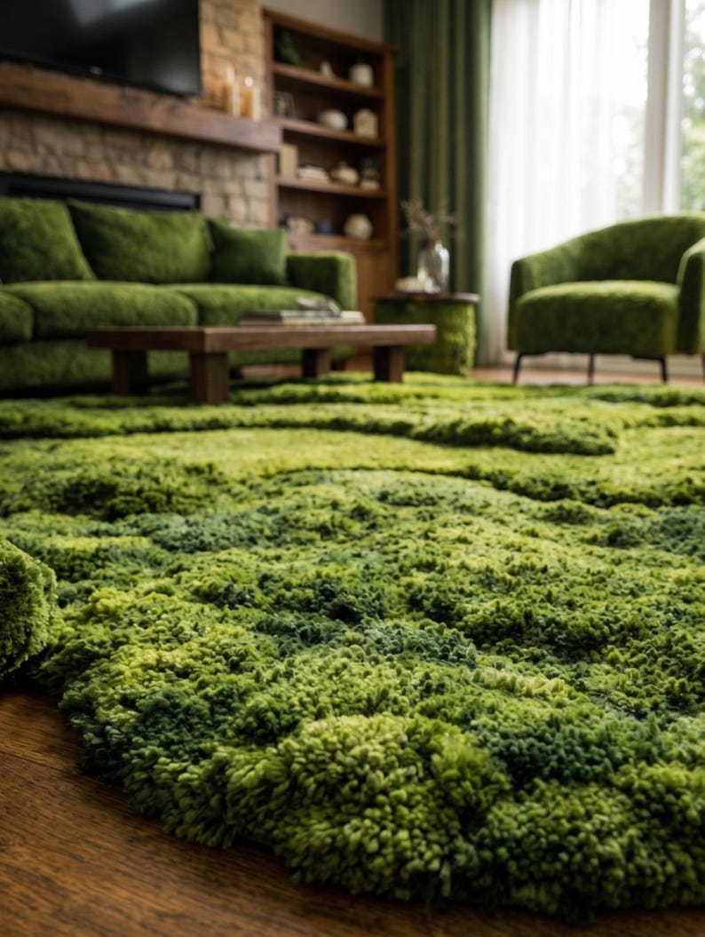 May include: A living room with a green theme. A large, textured green rug covers the floor. A green sofa, armchair, and coffee table are visible. The room has a natural, organic aesthetic with a focus on green hues.