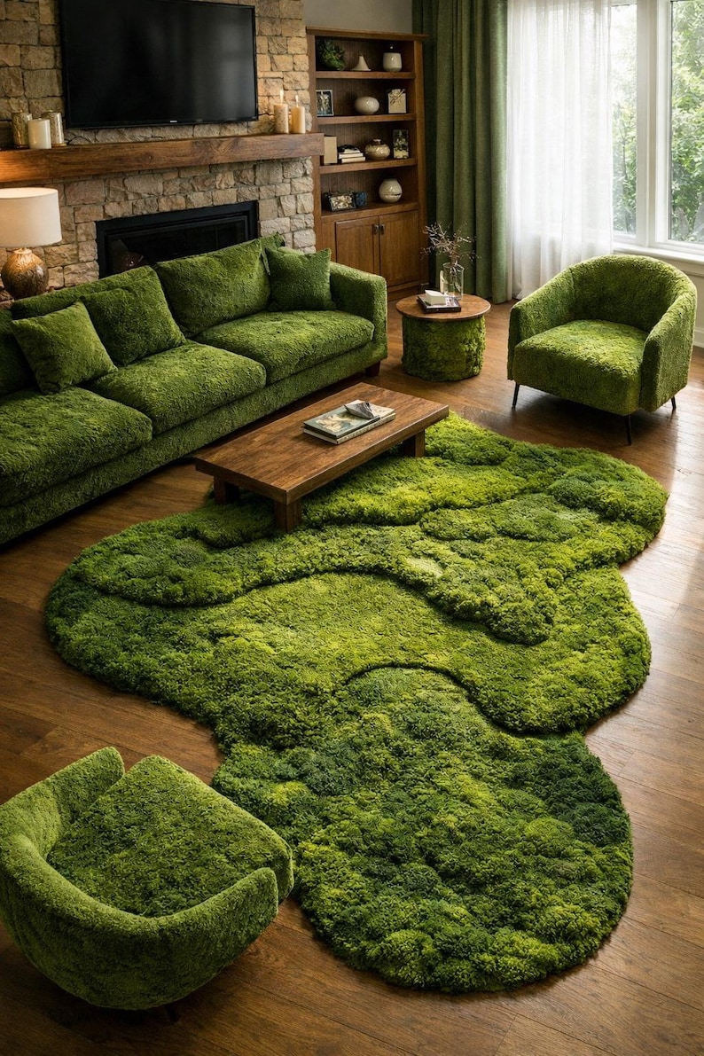 May include: A living room set with a moss-like green texture. The set includes a sofa, two armchairs, a round side table, and a large rug. A wooden coffee table sits in the center. The room has a fireplace, a TV, and wooden floors.