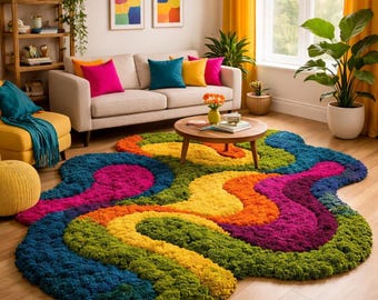 Colorful Abstract Tufted Rug, Modern Punch Needle Carpet, Boho Retro Decor