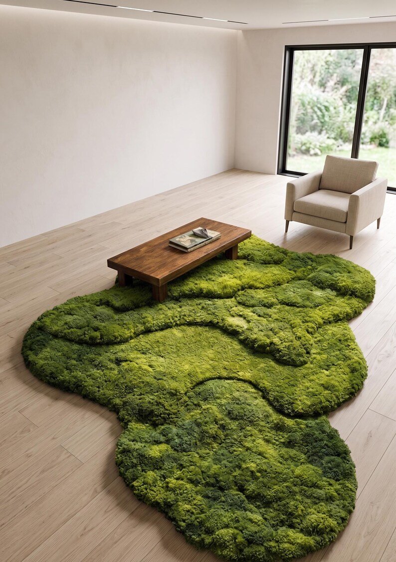May include: A unique, green, moss-like rug with an organic shape dominates the room. A low, rectangular wooden coffee table sits atop the rug. A neutral-toned armchair and a large window with a view complete the scene.