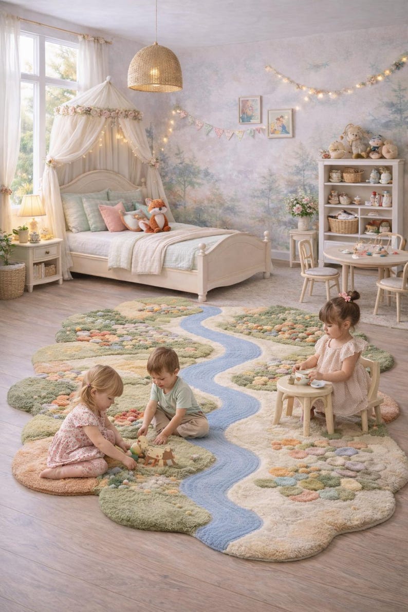 Kids Play Rug Fantasy Kids Play Rug Landscape River Design Soft Tufted Nursery Carpet Pastel ...