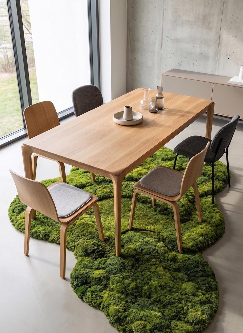 May include: A light wood dining table with rounded edges and six chairs. The chairs have wooden frames and gray seat cushions. The table is set on a green moss-like rug. Glassware and a ceramic piece sit on the table.