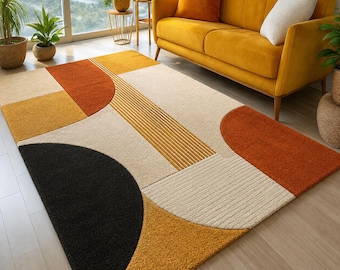 Handgetufteter Wollteppich, Moderner Geometrischer Abstrakter Teppich, Skandinavischer Bodenteppich
