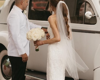 Perlen Pferdeschwanz Brautschleier für Hochzeit Hochsteckfrisuren, mittellanger Brautschleier, alternativer Haarschmuck für Hochzeit im Freien