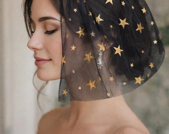 Black Gold Star Wedding Veil, Celestial Bridalwear, Chin Length, Alternative Bride