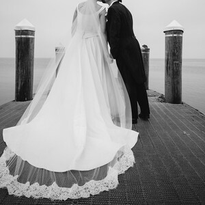 2 Tier Eyelash Lace Cathedral Wedding Veil with Blusher, Full Long Veil with Wide Lace Trim White Light Ivory Veil Chapel Veil Bridal Veil