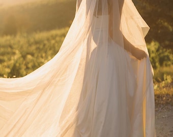 Light Ivory English Silk Drop Veil | Cathedral-Length 120” Bridal Veil with Blusher | Soft Cascade Wedding Veil