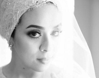 Raw Edge Fingertip Wedding Veil for Muslim Hijabi Bride, Hijab Veil for Headscarf, Blusher Veil White Ivory Blush Veil Cut Edge Bridal Veil