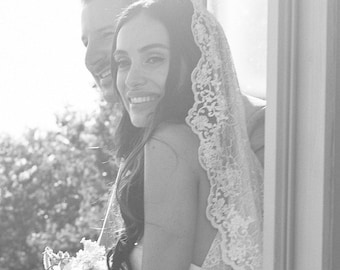 Flower Lace Mantilla Wedding Veil, Ivory Floor Length Embroidered Bridal Veil 62 inches, All Lace Veil with Comb Spanish Lace Vale with Trim
