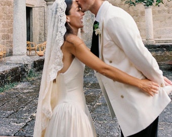 Ivory Lace Ankle Length Mantilla Wedding Veil, Traditional Italian Style Bridal Veil
