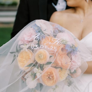 Embroidered Heart + Couple&#39;s Initials on Drop Cathedral Length Wedding Veil, Engagement Bridal Veil Gift