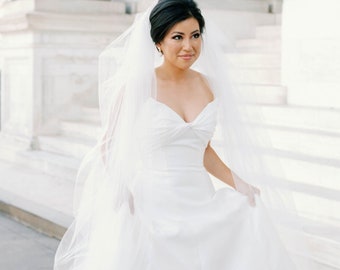 Puffy Veil 2 Tier Cathedral Length Veil with Blusher Cut Edge Cinderella Princess Veil, Double Layer Veil Light Ivory Wide Long Bridal Veil
