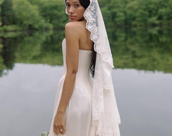 Wildflower Lace Mantilla Veil, Dark Ivory Fingertip Length Bridal Veil with Comb, Soft Romantic Wedding Veil