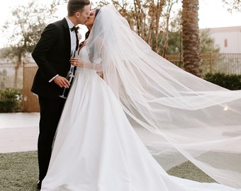 Extra Full Poofy Veil Cathedral Length Veil with Blusher Cut Edge Veil for Simple Dress, Double Layer Veil with Comb Ivory Long Bridal Veil