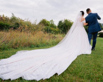 Extra Long Royal Length Wedding Veil, Monarch Veil, Raw Edge Cathedral Veil White Ivory Bridal Veil Classic Simple Veil with Comb, Custom