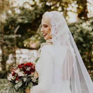 Scallop Lace Mantilla Wedding Veil with Comb, Cathedral Length Veil 108 inches, French Alencon Lace Long Veil Ivory Veil Sheer Bridal Veil