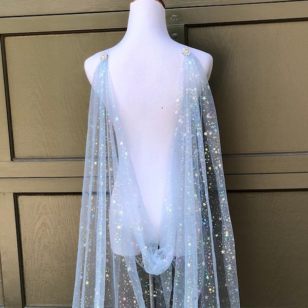 Light Blue Celestial Star Draped Wedding Cape Veil, Sparkly Bridal Cape Iridescent Glimmer Chapel Length Long Veil Soft Baby Blue Wrap Scarf