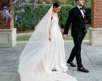 Light Ivory Soft Silk Cascading Wedding Veil, Extra Wide Cathedral Veil Waterfall Ruffle Cut with Blusher Formal Bridal Veil with Metal Comb