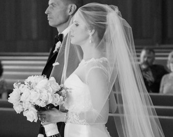Modern Simple Cathedral Wedding Veil with Blusher Cut Edge Veil Double Layer Veil Chapel Veil Ivory Veil Long Bridal Veil Two Tier with Comb