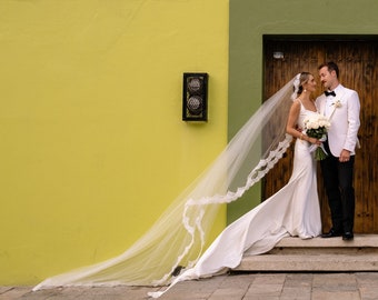 Blusher Spanish Mantilla Cathedral Wedding Veil 108'', Fringe Scallop Lace Long Veil with Comb Light Ivory Veil White Bridal Veil no Gather