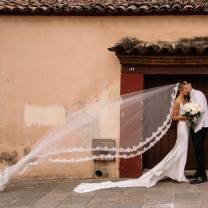 Spanish Mantilla Cathedral Wedding Veil Eyelash Scallop Lace Long Bridal Veil, Flat Non-Puffy Veil, No Gather, Light Ivory Veil Black Tie