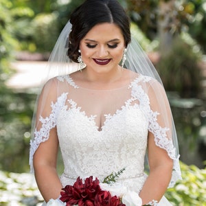 One Blushing Bride Lace Fingertip Wedding Veil, White / Off White / Ivory Bridal Veil White / Fingertip 38-40 inch / No Beading