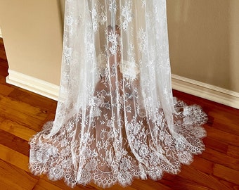 Ivory All Chantilly Lace Wedding Cape for Dresses 58'' Floor Length Vintage Eyelash Bridal Cloak Sleeveless Shrug Wrap Long Bridal Accessory