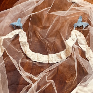 Disney Cinderella Wedding Veil, “And They Lived Happily Ever After” Embroidered Ribbon, Blue Birds Bridal Veil, Dramatic Cathedral Veil
