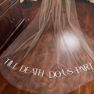 Hailey Bieber Cathedral Wedding Veil Til Death Do Us Part Embroidered Bridal Veil Light Ivory 120 Inch Royal Length Classic Sans Serif Font