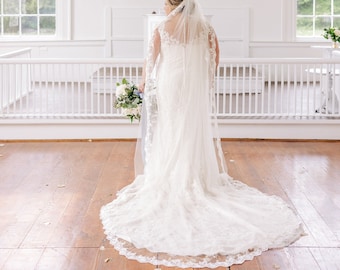 One Blushing Bride Thin Scalloped Lace Chapel or Cathedral Wedding Veil Blush / Chapel 90 Inches / Without Beading