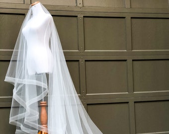 Classic Drop Cascade Wedding Veil with Horsehair, Ribbon Trimmed Drop Cathedral Veil, Cathedral Length Bridal Accessory Two Tier Veil Blush