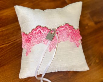 Ombre Pink and White Ring Bearer Pillow, French Lace Ring Pillow with Padlock, Blush Wedding Pillow in Silk