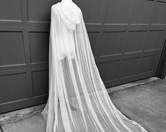 White English Net Wedding Cape with Hood 85 Inch Cathedral Length Lace Bridal Cloak Fantasy Handfasting Elven Costume for Winter Accessory