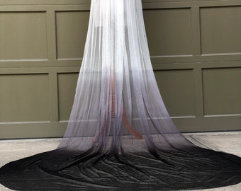 Black Charcoal Ombré Dyed Wedding Veil, English Net Veil, Ivory Bridal Veil Chapel Length Long Veil Soft Veil Alternative Bridalwear